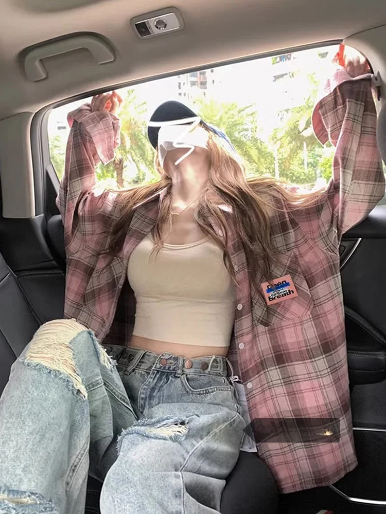 

Spring 2026 Women's Plaid irt Long Sve Pink Retro Design Sensation Small ence Outerwear Comfortable Breathable ...