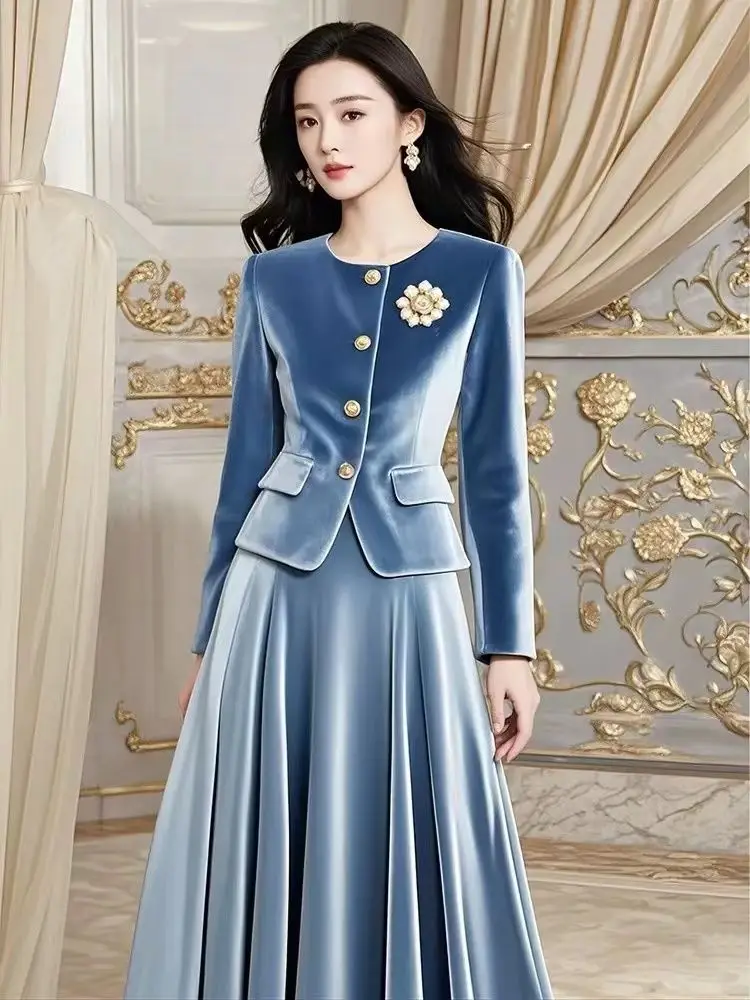 Vintage Elegante Blaue Samt Zwei Stück Set Frauen Herbst Winter Neue Französisch Stil Dünne Mantel Luxus Hohe Taille Halb Rock Set