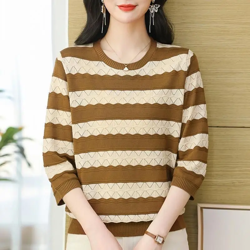 Women Casual Striped Round Neck Hollow Knit Top Seven Sleeve Loose Hide Belly Thin Elegant Basic Blouse