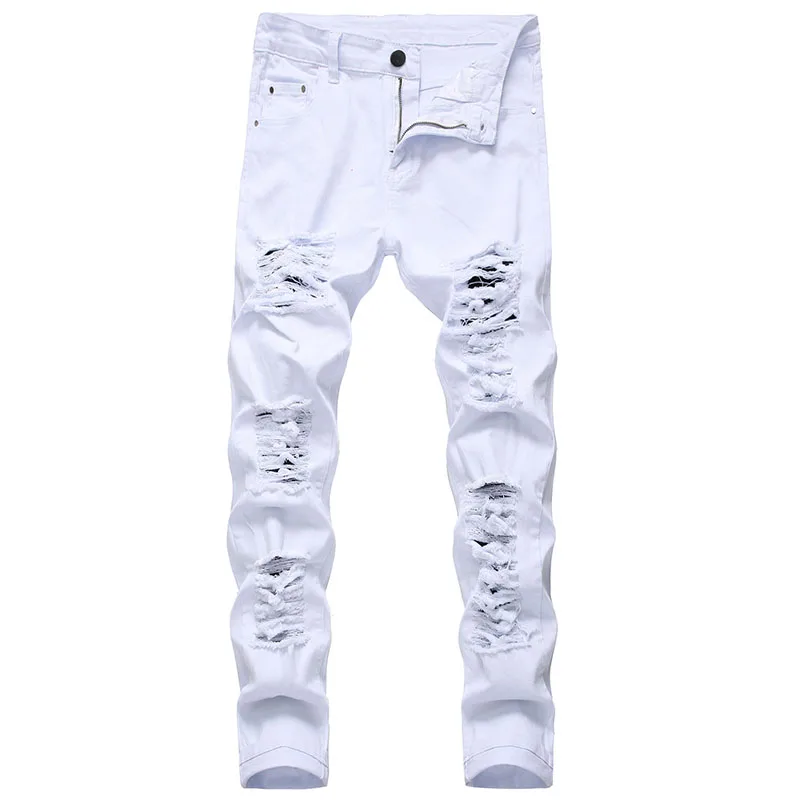 Jeans branco rasgado masculino, calça jeans slim fit sólida, com lavagem vintage, marca masculina, calça stretch avançada, na moda