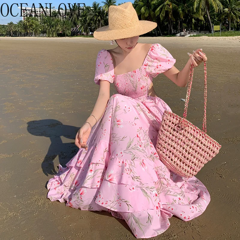 OCEANLOVE rosa manica a sbuffo abiti da donna stile spiaggia Slash Neck floreale primavera estate abiti Mujer Bohemia dolce abito lungo