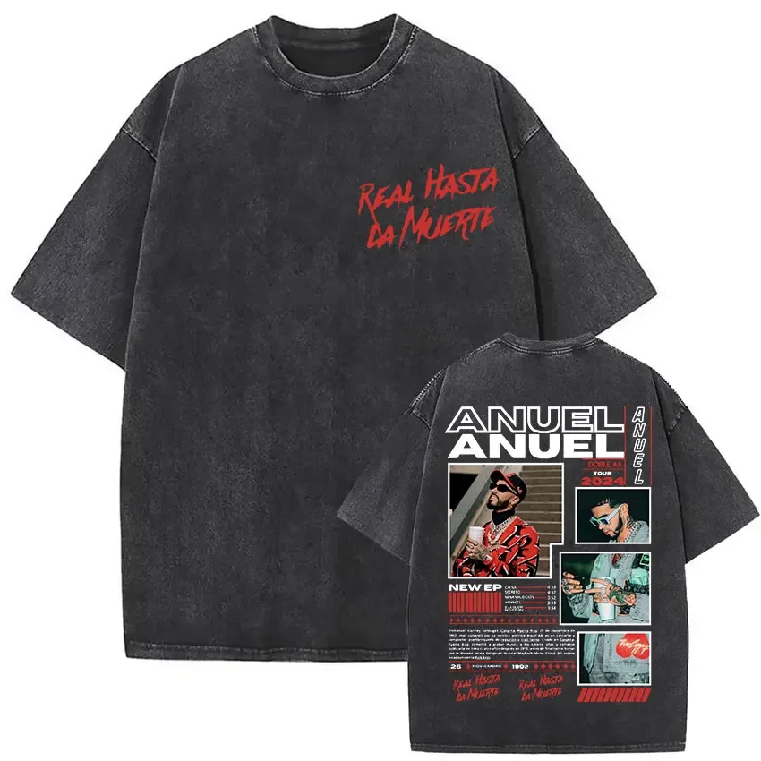

Washed Vintage Rapper Anuel AA Real Hasta La Muerte Tour Merch T Shirt Men Women Hip Hop Oversized Crewneck T-shirts Streetwear