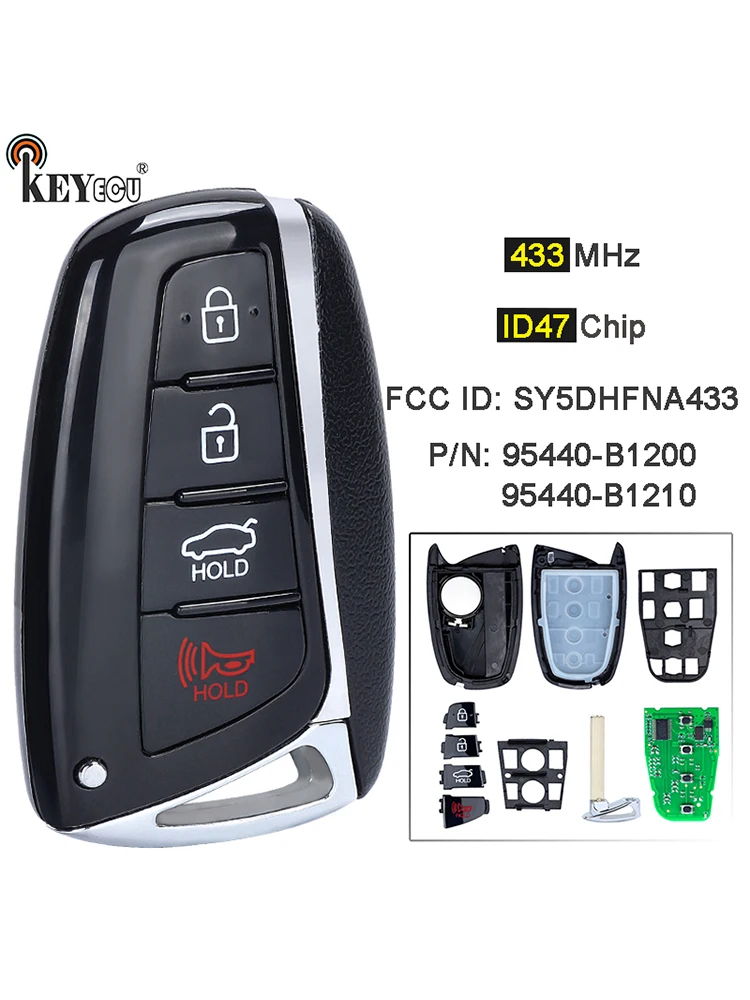 KEYECU 433 MHz ID47 Chip P/N: 95440-B1210 / 95440-B1200 SY5DHFNA433 Portachiavi remoto intelligente per Hyundai Genesis G80 2015 2016 2017