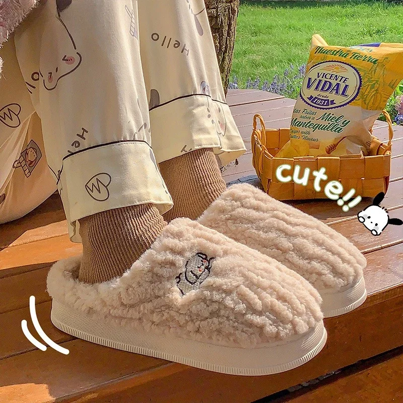 Men Women Winter Warm Plush House Slippers Cute Dog Embroidery Fuzzy Indoor Shoes Non Slip  Sole Couple Cozy Bedroom Slippers