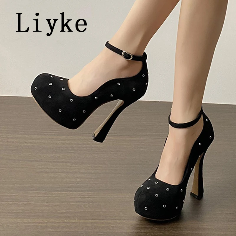 Liyke Designer Black High Heels For Ladies Metal Rivet Round Toe Platform Pumps Women Sandal Sexy Party Nightclub Stripper Shoes