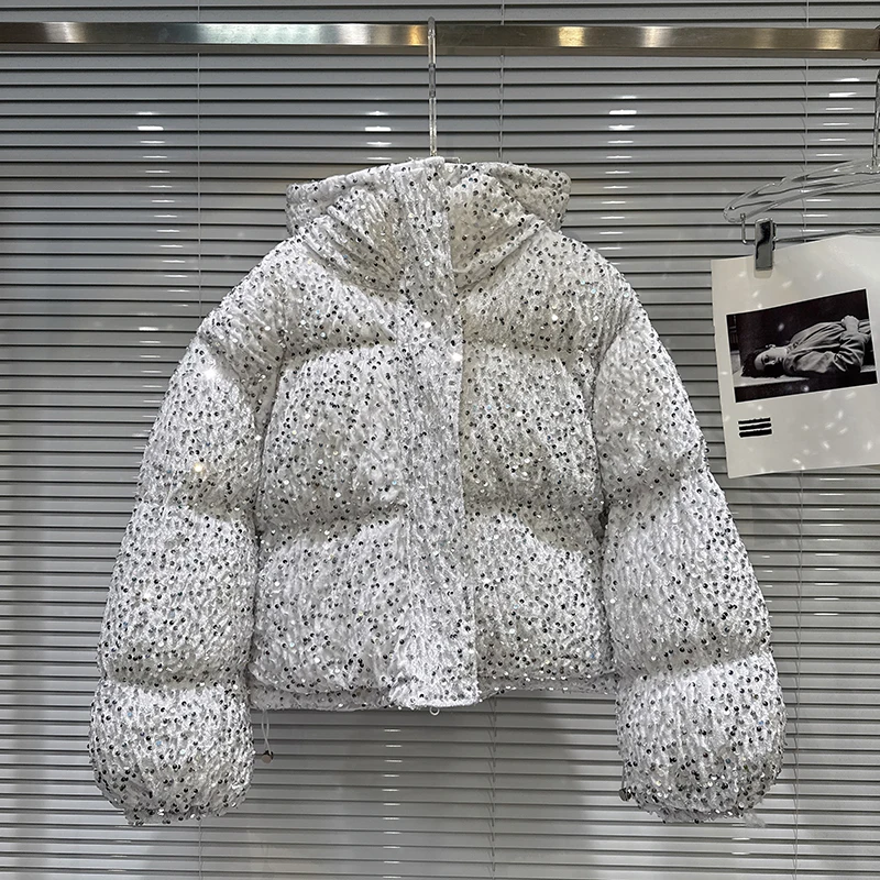 

Winter Silver Sequins Hooded Cotton Padded Jacket Female Short Zipper Warm Jackets Women Drawstring Casual Puff Thicken Outwears