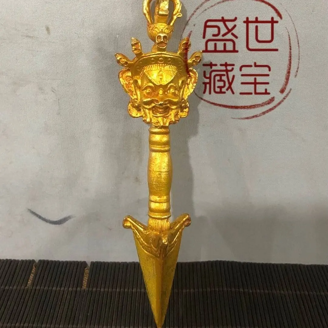 Gilt Tibetan Vajra Phurpa Ritual Dharma Implement Ornament Decoration Tea Pet Figurines Desk Decor Accessories