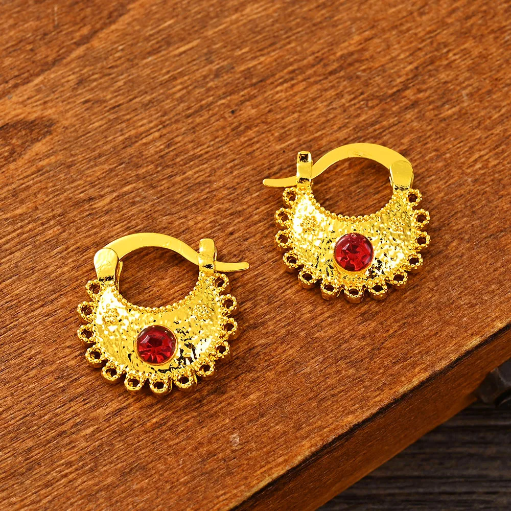 Gold Color Lovely Red CZ Round Circles Huggies Hoop Earrings Kids Children Women Girls Boy Jewelry African Christmas Party Gift