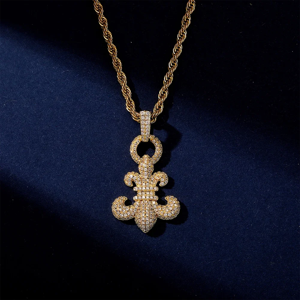 

Новое ожерелье с подвеской FLEUR-DE-LIS, полностью ледяное микро-паве, кубический цирконий, хип-хоп, панк, ювелирные изделия для пары, подарок на вечеринку
