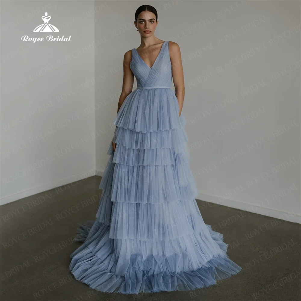 Formal Tiered Ruffle Tulle Invitation Dress V Neck Sleeveless Pleated With Buttons Detachable Sleeves robe de mariée For Bride