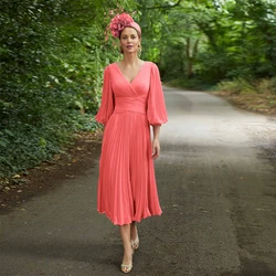 Pink Chiffon Wedding Guest Dress for Women 2023 A Line Mother of the Bride Gown Weddings V Neck Puff Sleeves Midi Party