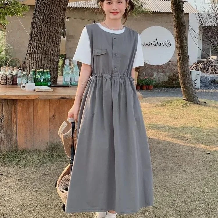 

Модный летний комплект из двух предметов в корейском стиле: шикарное ретро-платье-сарафан и футболка для полных женщин (до 110 кг) – идеально для повседневной носки