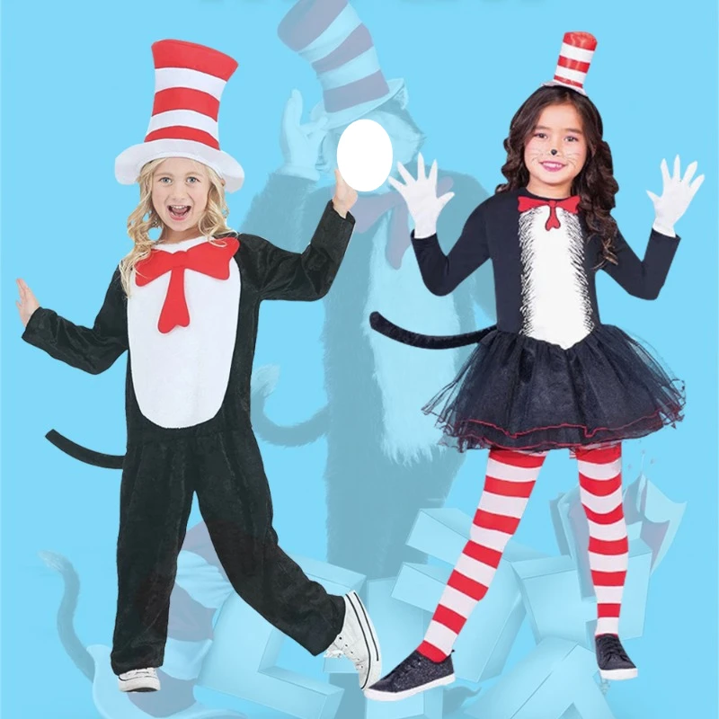 

Movie Cat in Hat Cosplay Costume Red White Striped Full Set with Hat for Boys Girls Halloween Party Christmas Performances