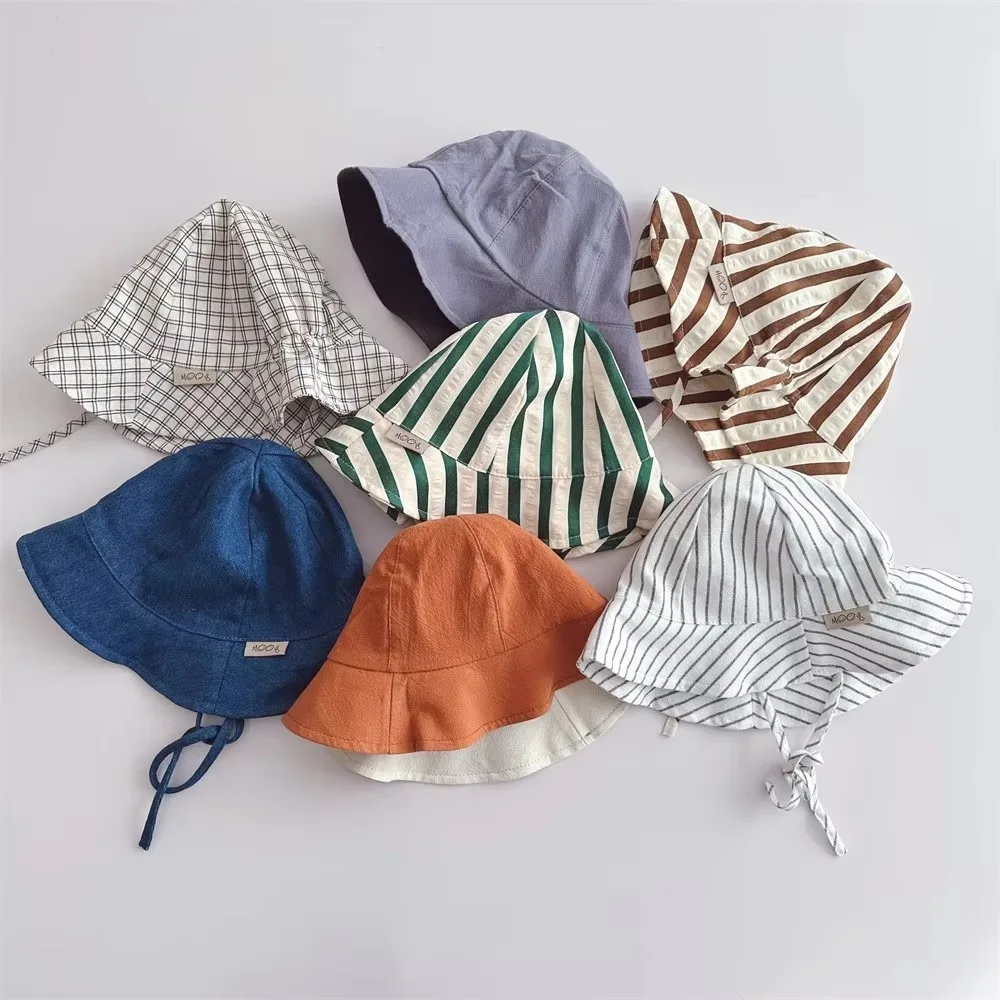 

High Quality Striped Lacing Baby Sun Hat Casual Cotton Children Infant Caps Solid color Bucket Hat Fisherman's Cap Kid Boy Girl