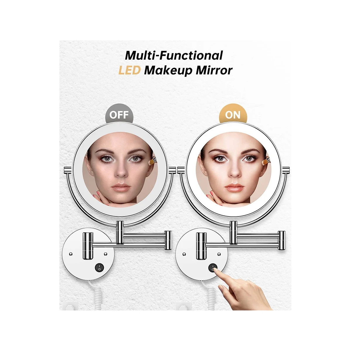 

8.5 Inch LED Round Double Sided 1X/10X Magnifying with Light Button 360 Swivel-Chrome US Plug