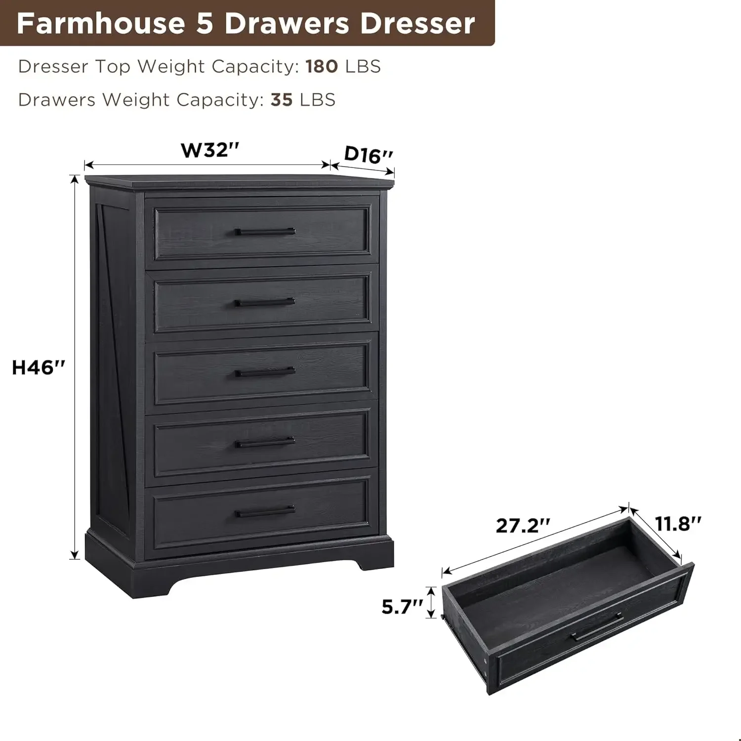 5 Drawers Dresser Chests for Bedroom,46