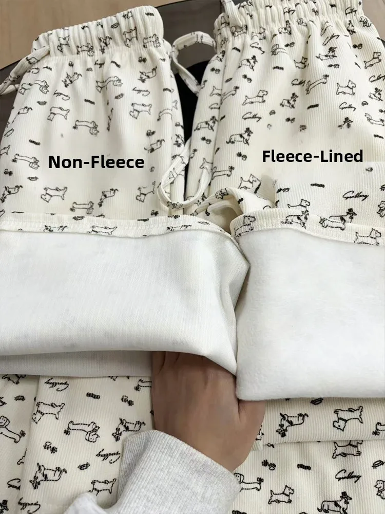 กางเกงขายาวทรงหลวมลายการ์ตูนสุนัขสำหรับผู้หญิง เอวสูง ขากว้าง ผ้าฟลีซบุซับใน เหมาะสำหรับฤดูใบไม้ร่วงและฤดูหนาว สไตล์ลำลอง สวมใส่สบาย