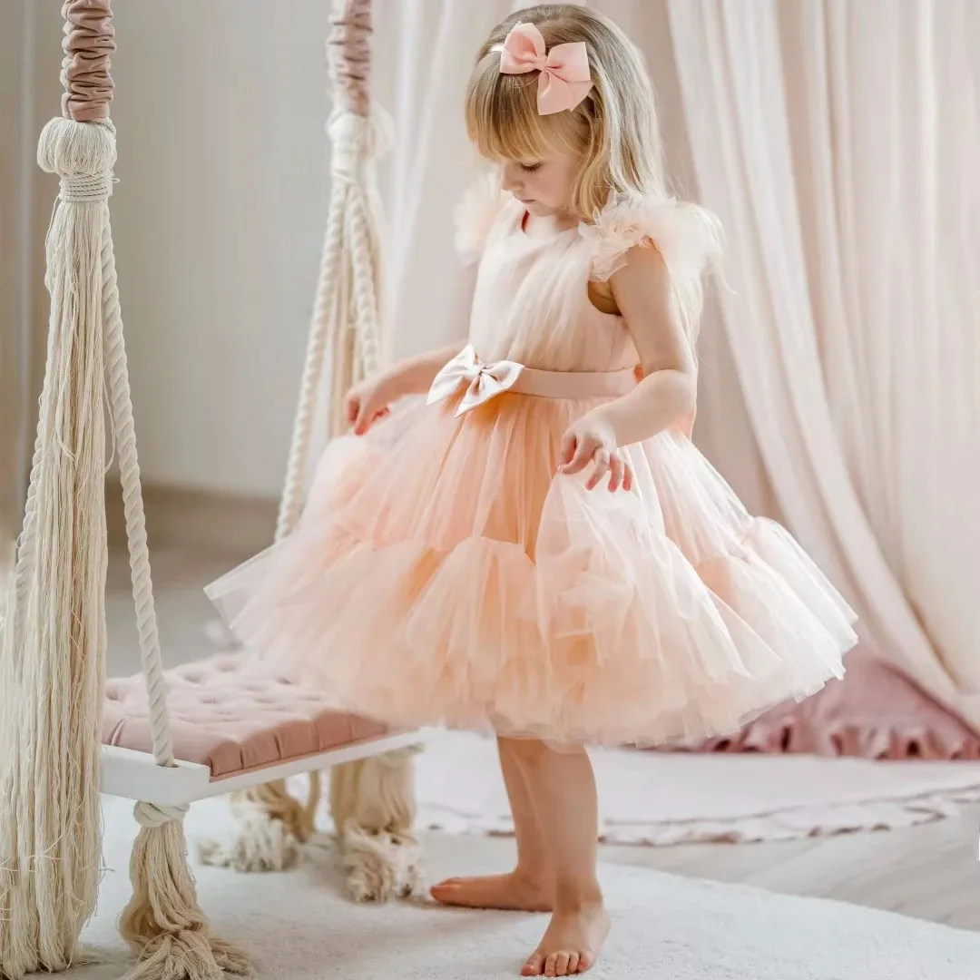 Vestidos de niña de flores personalizados para boda con lazos, tul hasta la rodilla, vestidos de fiesta de cumpleaños para bebés y niños de primera comunión