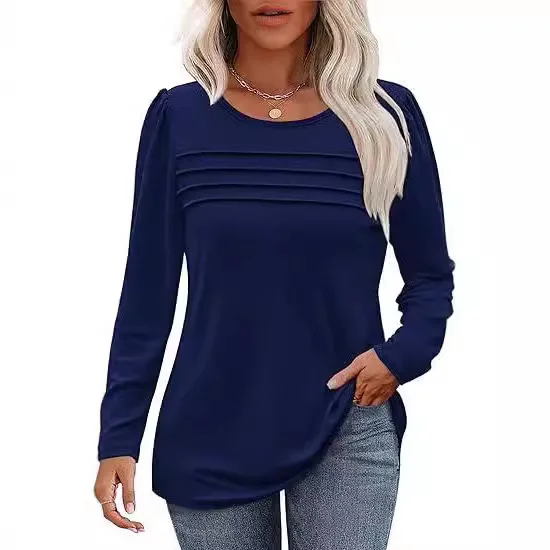 Hot Selling Women's Round Neck Long Sleeved Chest Tuck Line Pleated Top