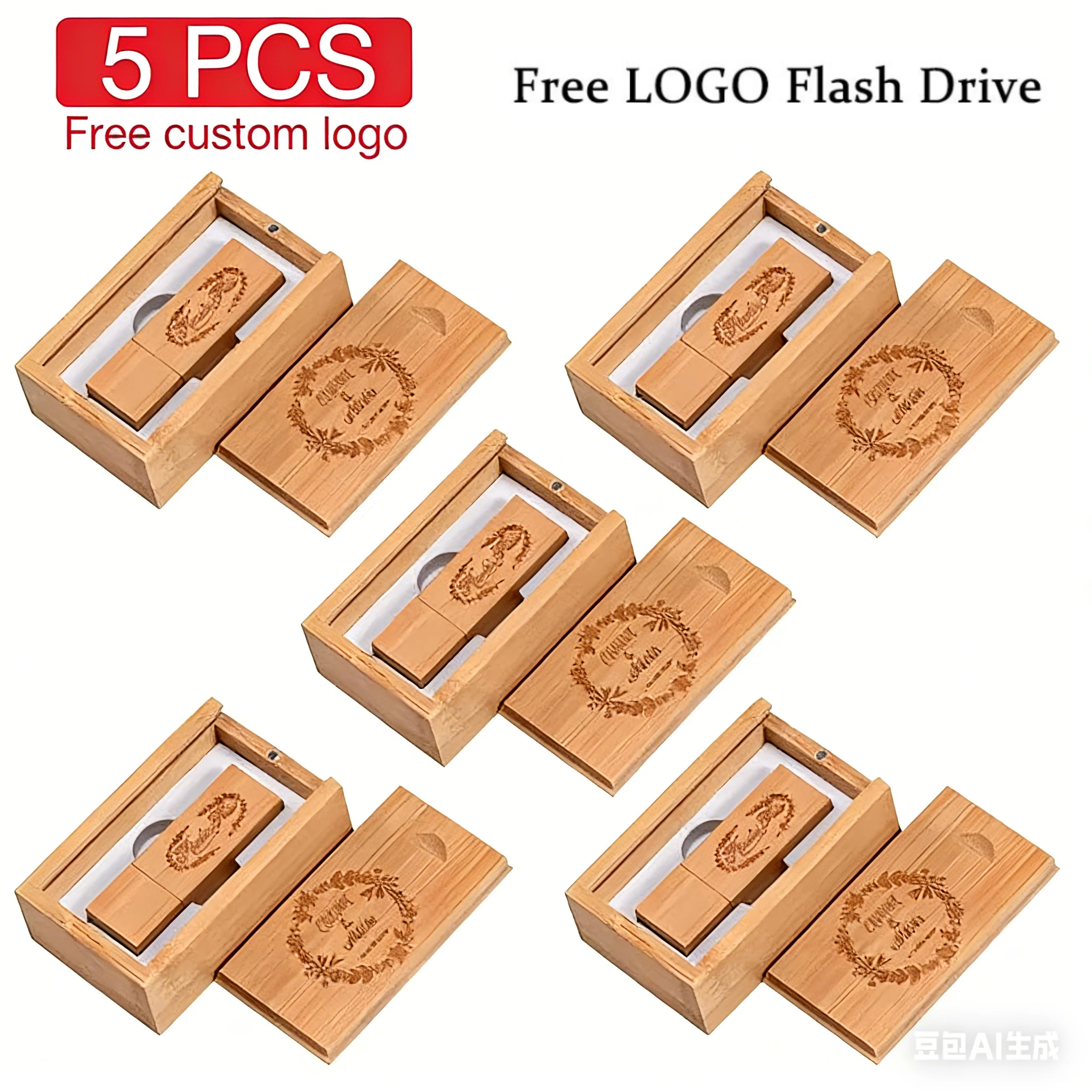 Lote de 5 Unidades de Memoria USB en Caja de Madera, USB 2.0, Personalizable con Logotipo, 128GB 64GB 32GB, Regalos para Fotografía y Bodas