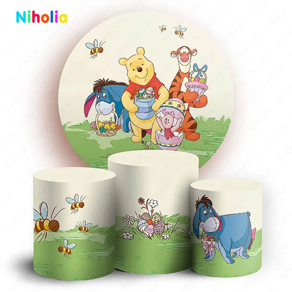 

Winnie the Pooh Backdrop Girl Boy Birthday Decoration Photo Background Party Cylinder Cover Round Baby Shower Studio Decor