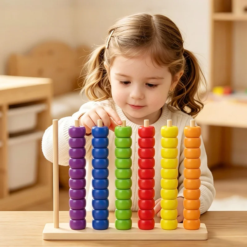 Wooden Montessori Color Sorting Bead Stacking Toy Kids Early Learning Counting Abacus Puzzle Sensory Educational Game for 3+