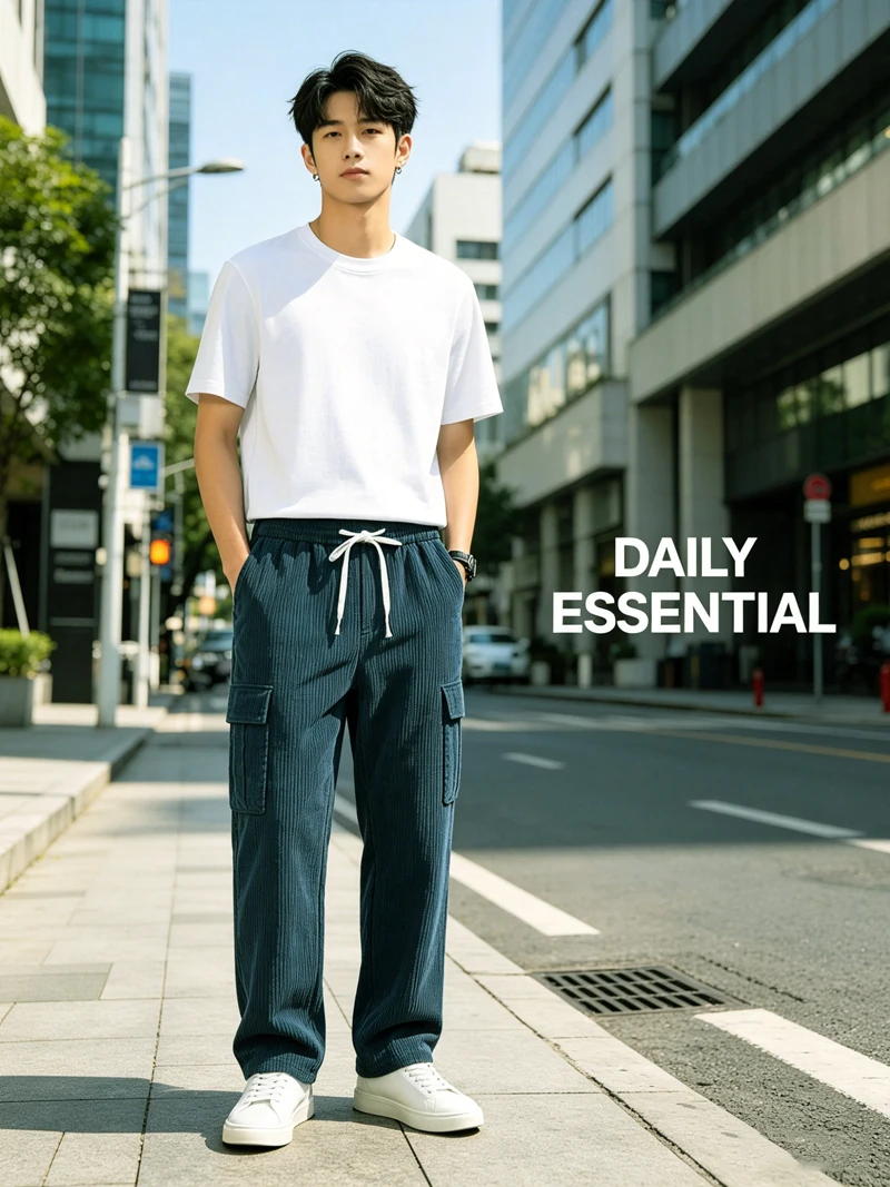 Herren Cord-Cargohose mit Elastischem Bund und Kordelzug, Lässige Hose mit Seitentaschen, Gerades Bein für Frühling und Herbst – Detail 1
