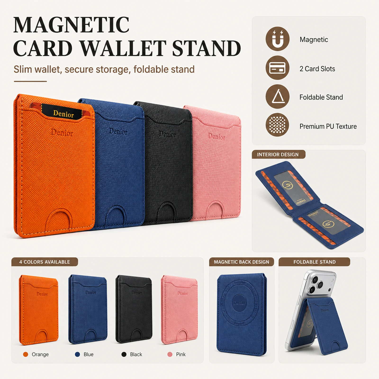 Mobile Phone Wallet Stand Magnet Flip Pocket Card Storage Push Card Hole Luxury Faux Leather Magnetic Stand Buckle Bag Wallet view 2
