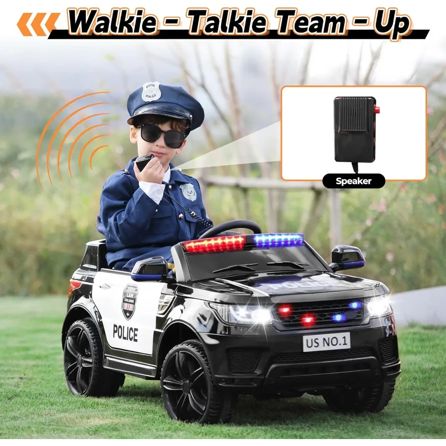 Giro in auto della polizia sull'auto elettrica per bambini per guidare i giocattoli da corsa alimentati a batteria con telecomando, sirena, illuminazione lampeggiante