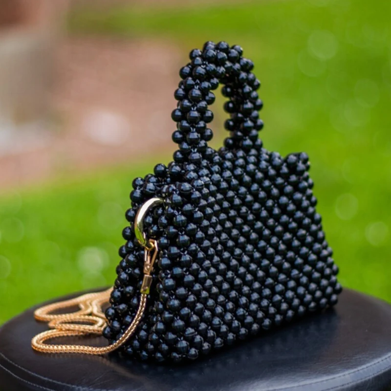 Small Niche Design Acrylic Bead Black Handmade Women's Bags Fashionable Versatile Chain Crossbody Bag Lined Flip Top Handbag - view 3