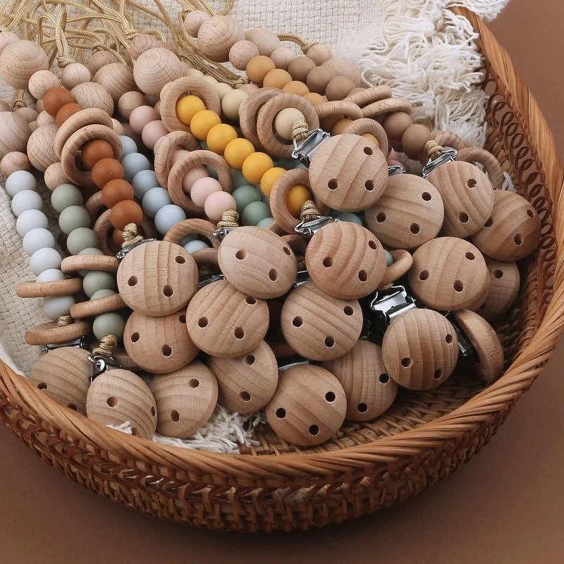 M76C Klip Dot dengan Manik Tumbuh Gigi Silikon Cincin Kayu Klip Teether Rantai Dot Keselamatan Bayi Penenang Rantai Mainan