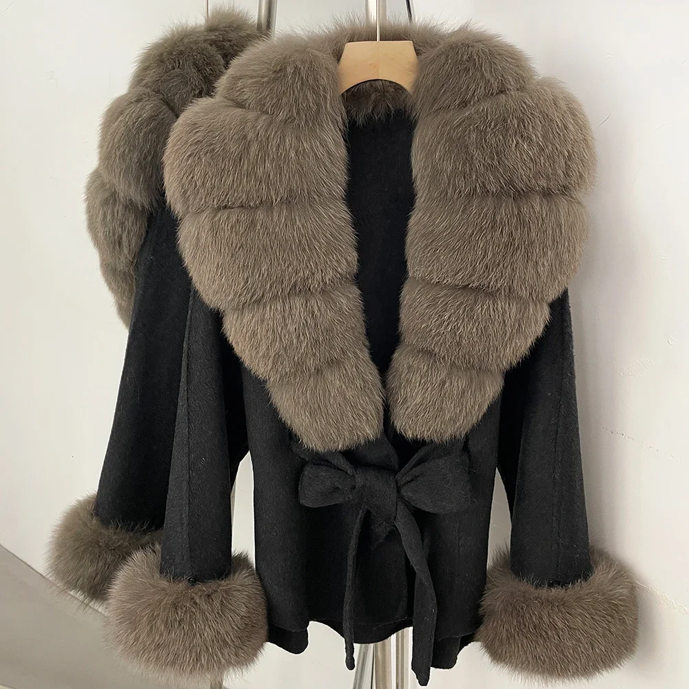 OFTBUY Luxuriöser Echtfuchs-Pelzkragen Wollmantel für Damen Neue Herbst-Winter-Kleidung mit Natürlichem Pelzgürtel 100% Wollmantel für Frauen – Detail 20