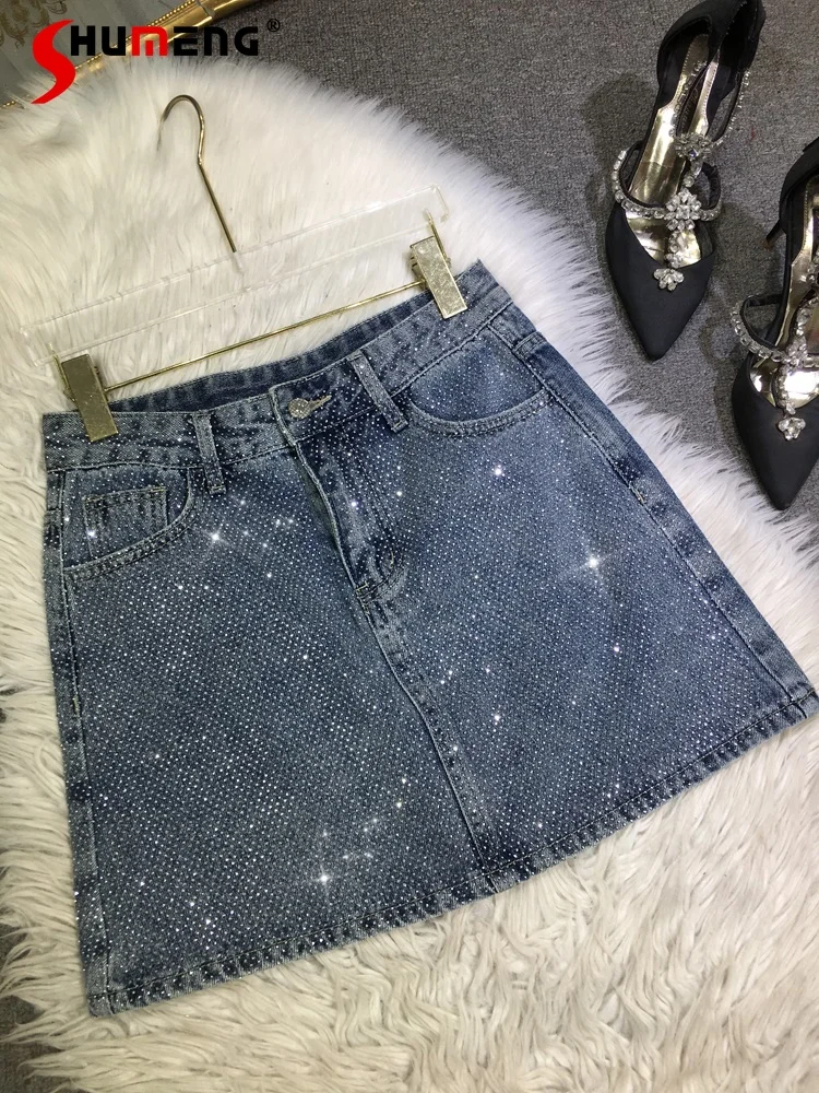 Rhinestone Skirts High Waist Slimming Skirts Shiny Blue Mid-High Waist 2024 Summer Culottes Pocket High Street Denim Skirt