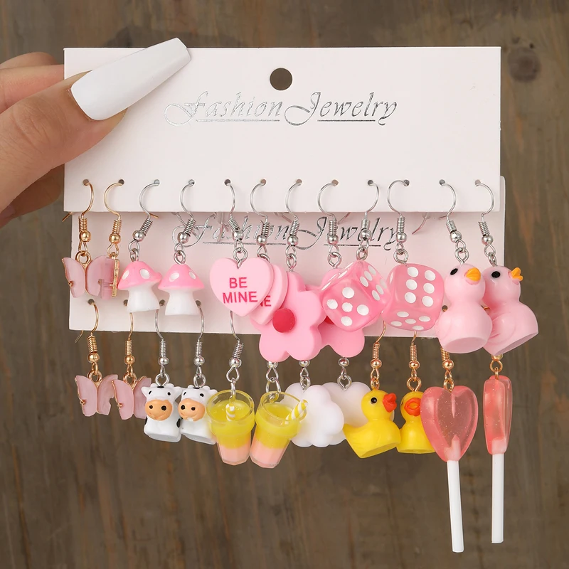 10 Pairs Cartoon Duck Dangle Earrings Set Cute Butterfly Heart Mushroom Animal Drop Earrings for Women Trendy Girl Kids Jewelry