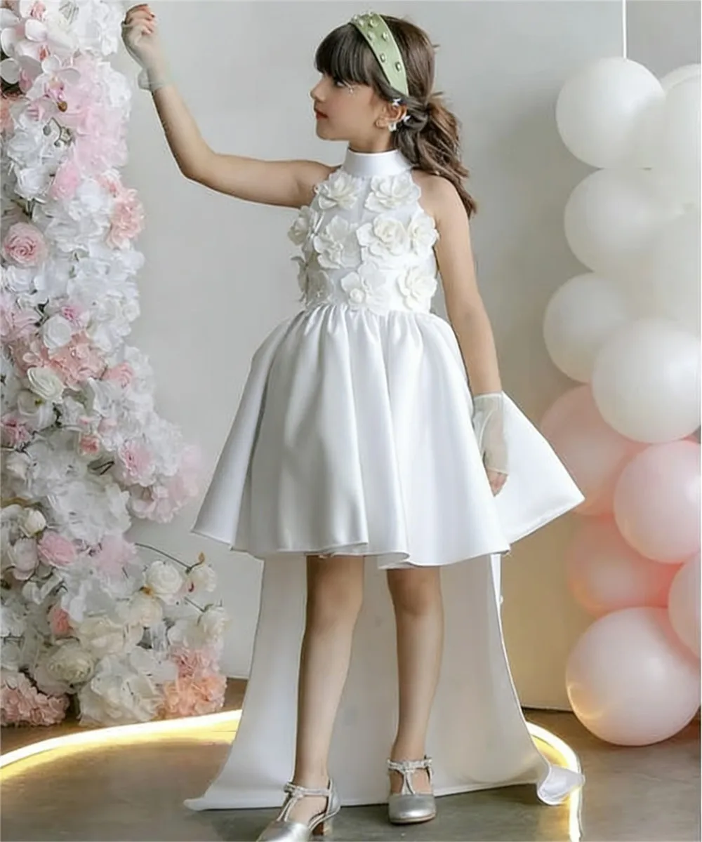 

Luxury Sleeveless Flower Girl Wedding Dress Satin Flowers Princess Birthday Party Communion Dress Girls Host Performance Gown