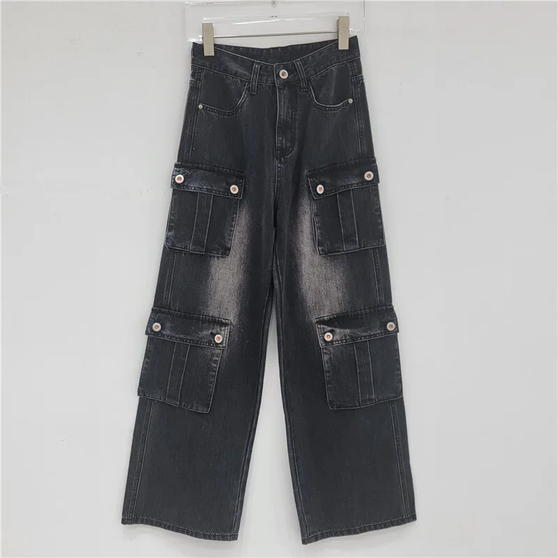 ANJY automne nouvelles femmes Vintage Streetwear élégant Cargo jean décontracté Style Safari Chic multi-poches droite jambe large pantalon A7786