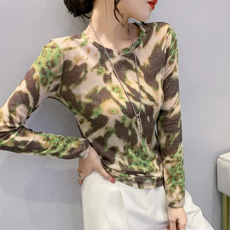 Faionable bedrukt lang Sve rond Ne T-shirt dames slim fit basis irt kleur Blo lente nieuwe Sle woon-werkverkeer Koreaanse Ve...