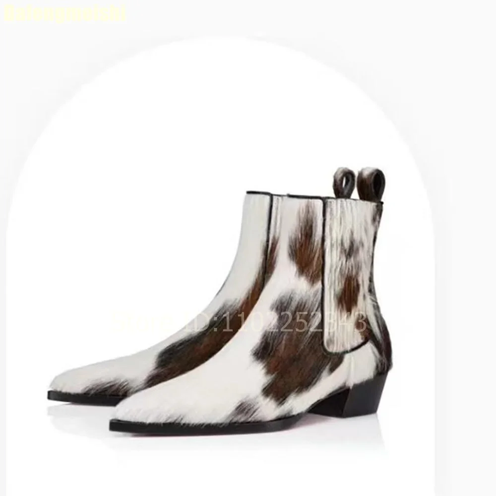 2026 New Winter Genuine Leather Horse Hair Boots Thick-Sole Pointed Toe British Style Chunky Heel Fleece-Lined Short Boots
