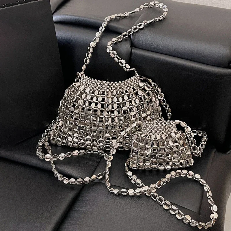 French Light Luxury Handmade Beaded Woven Crossbody Bag for Women Summer Metal Design Hollow Versatile Soft Shoulder Bag