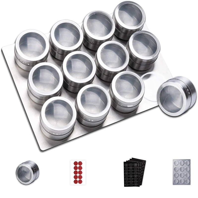 12-Piece Magnetic Spice Jars with Bases Food Grade Stainless Steel Containers including Labels And Stickers Seasoning Bottles fo