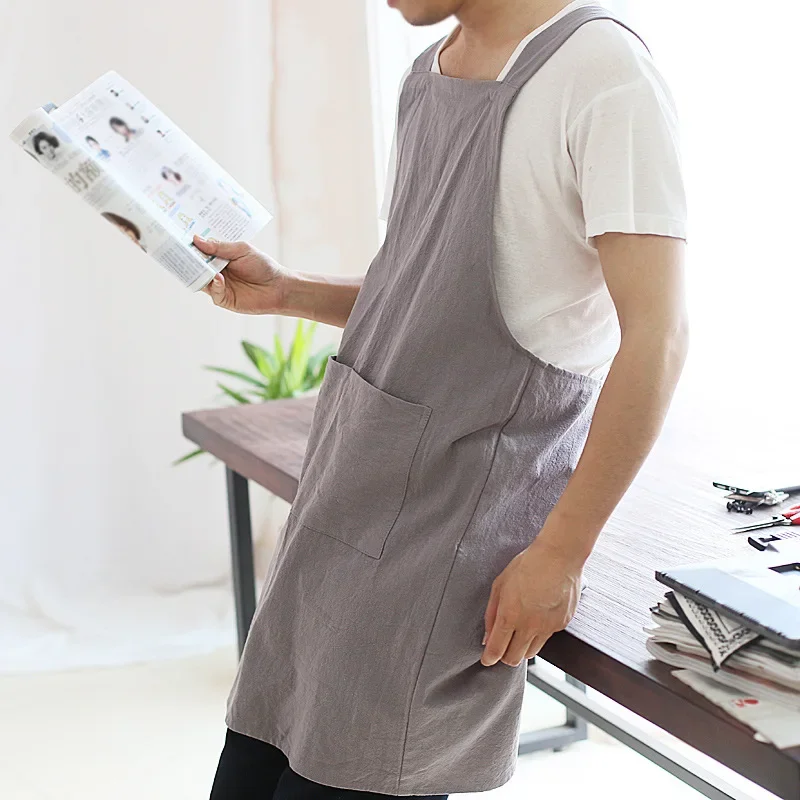 Japanese Men Apron Linen Apron Square Cross Linen Apron Washed Grey Brown Black Long Linen Aprons No Ties Household Cleaning H2
