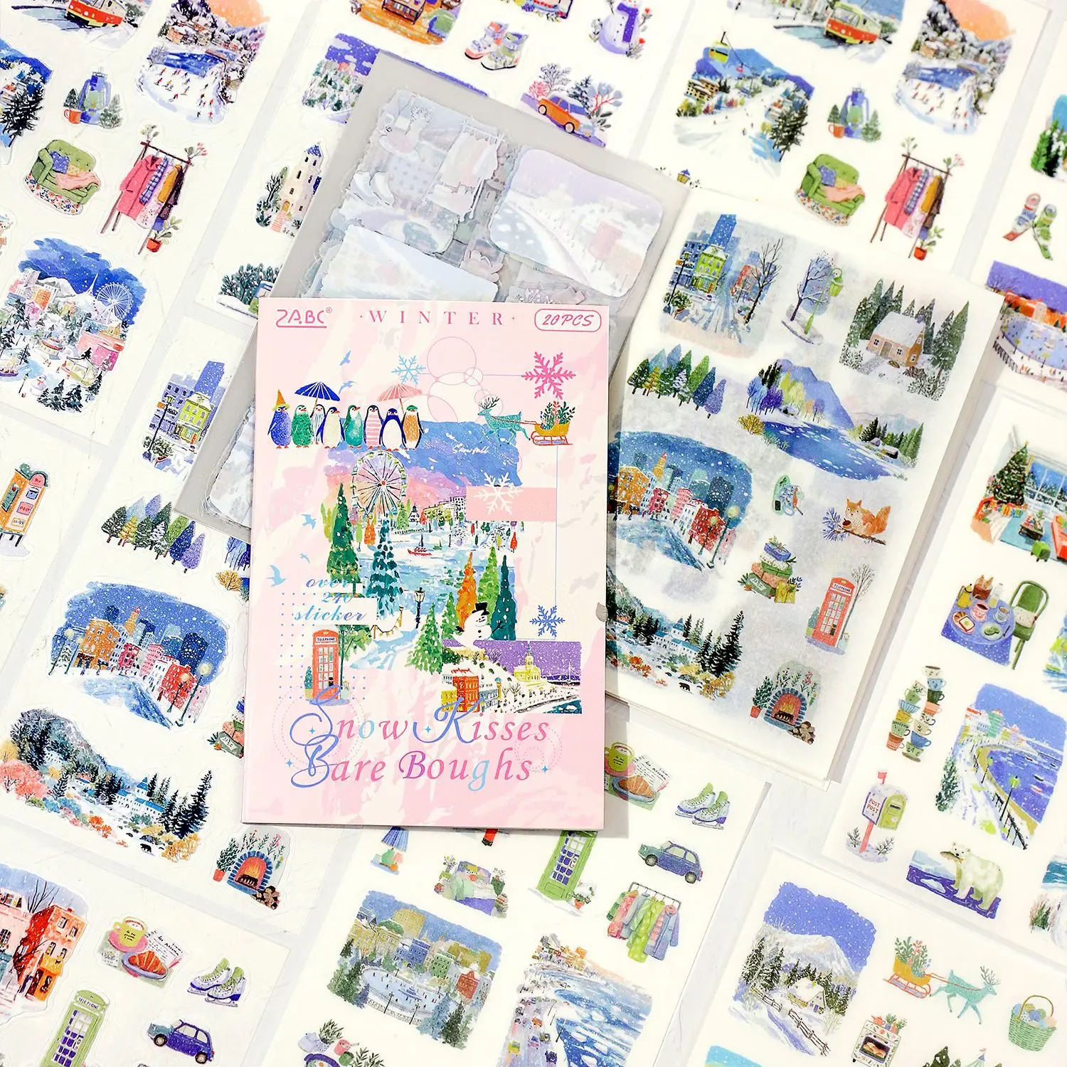 20 Blatt Retro-Stickerbuch mit vier Jahreszeiten-Landschaften, Frühlingsblüten/Sommer-Sonnenuntergängen/Herbstlaub/Winterschnee