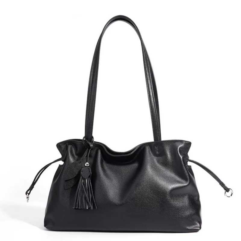 

New Fashionable Top Layer Cowhide Women's Tote Bag Soft Genuine Leather Handbag Versatile Drawstring Shoulder Crossbody Bag