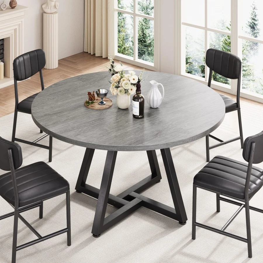 Kitchen Dining Room Table Circle Dining Dinner Table with Pedestal Metal Frame, Space Saving Wood Industrial Furniture for Smal