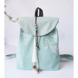 Women's Canvas Embroidered Flower Backpack With Tassel Casual Bundle Mouth Bag