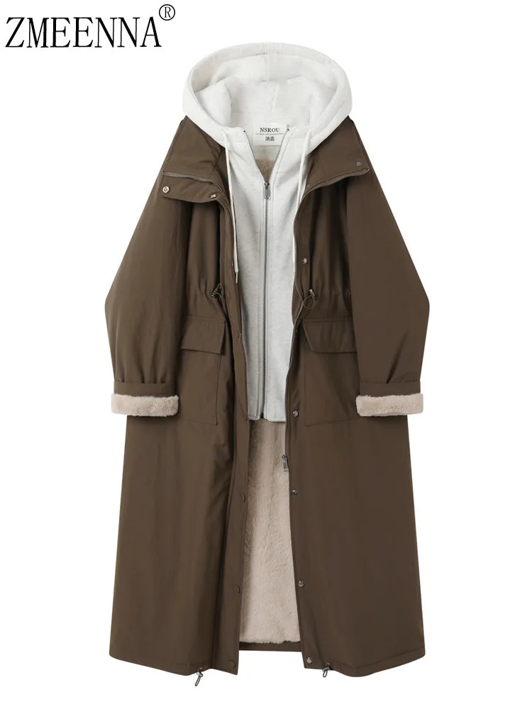 

ZMEENNA женская длинная парка пальто из искусственной овчины на подкладке с завязками на талии и капюшоном на внутренней молнии верхняя одежда многофункциональная коричневая ZM4486