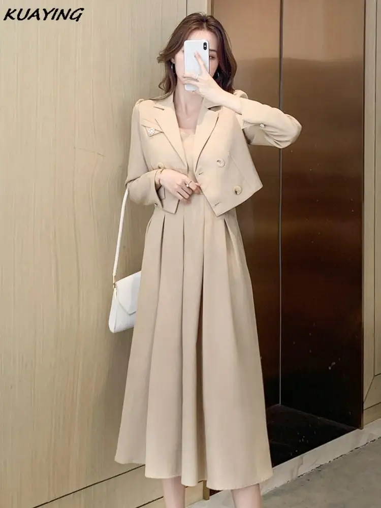 Women's Two Pieces Set Short Coat A-Line Midi Camisole Dresses Elegant 2-Piece Dress Set Lady Slim Korean Fashion Female Suit