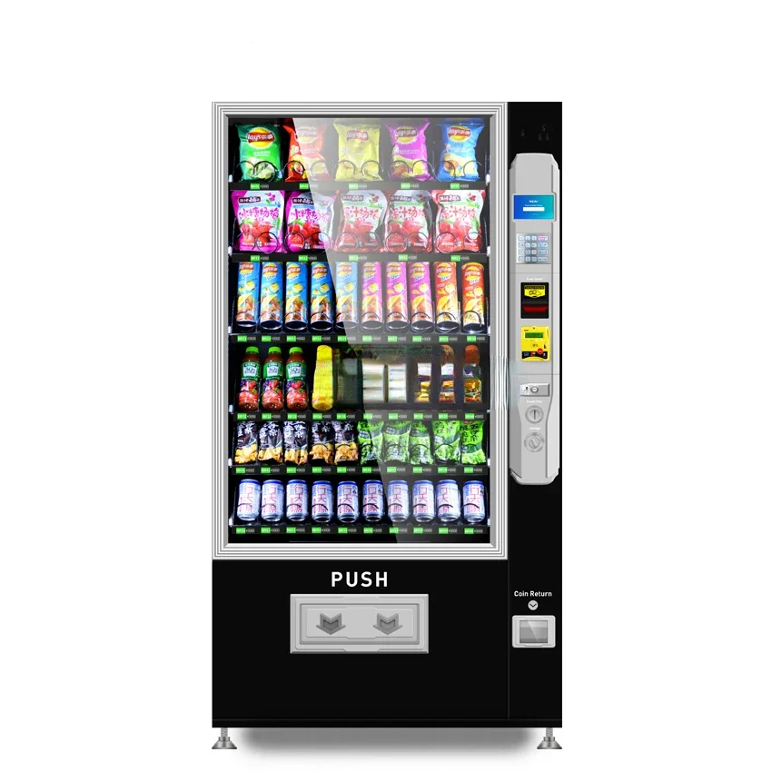 24-hour self-service vending machine for bagged food and bottled beverages