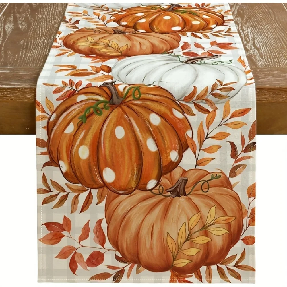 Autumn Polka Dot Pumpkin Table Runner, Featuring Orange Polka Dot Pumpkins and Autumn Leaves, Suitable for Restaurant, Picnic