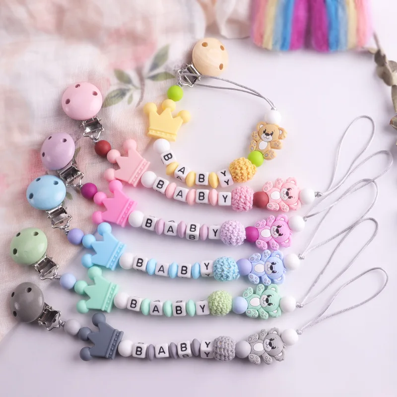 Baby Custom Pacifier Clips Personalized Name Crown Teether Beads  Silicone Chain Pacifier Clips Nipple Clip Soother Chew Gift